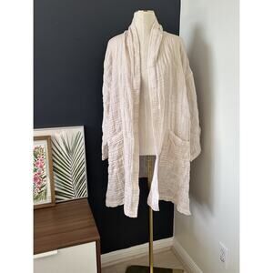 Eileen Fisher Semi Sheer Organic Cotton Long Open Blazer Cover Up Pockets